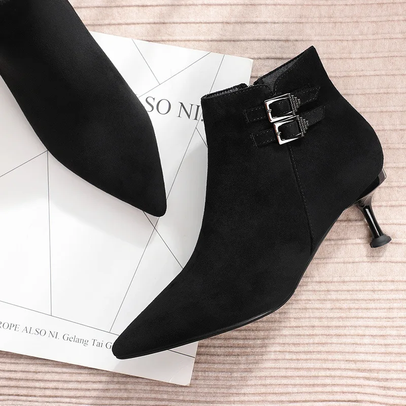 

Woman Boots Solid Black Ankle Boots Shoes Flock Small Thin High Heels Pointed Toe Metal Woman Boots Dress Office Party Heels