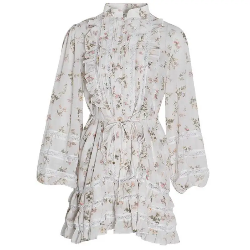 

Red RoosaRosee Vintage Flower Print Boho Dress Women Stand Collar Long Sleeve High Waist Lace Up Mini Dresses Female Autumn New