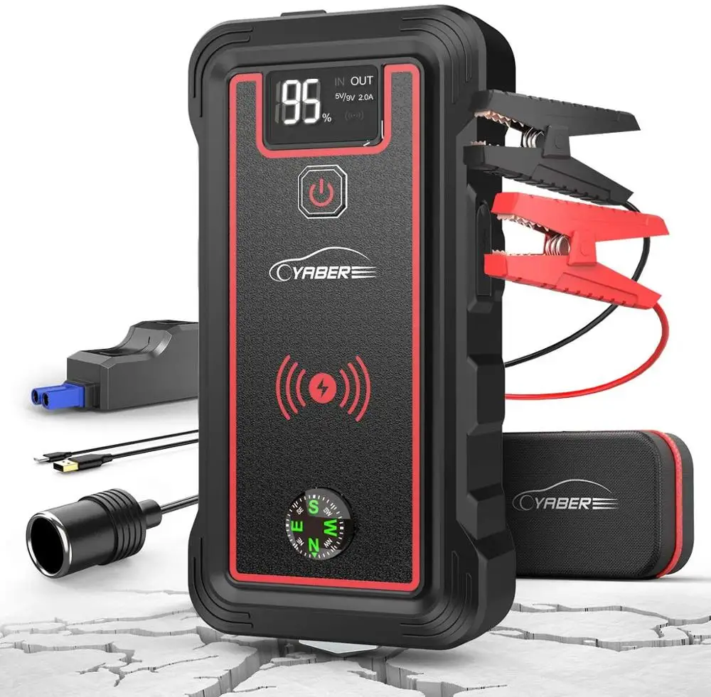 YABER-Arrancador de batería de coche2500A, 23800mAh, 10W, cargador inalámbrico, canco de energía de batería de coche con pantalla LCD, linterna LED, martillo de seguridad