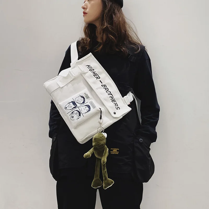 

New Style Harajuku Wind Workwear Canvas Bag Ulzzang Korean-style INS Retro Hong Kong Style Messenger Bag Students Shoulder Bag W