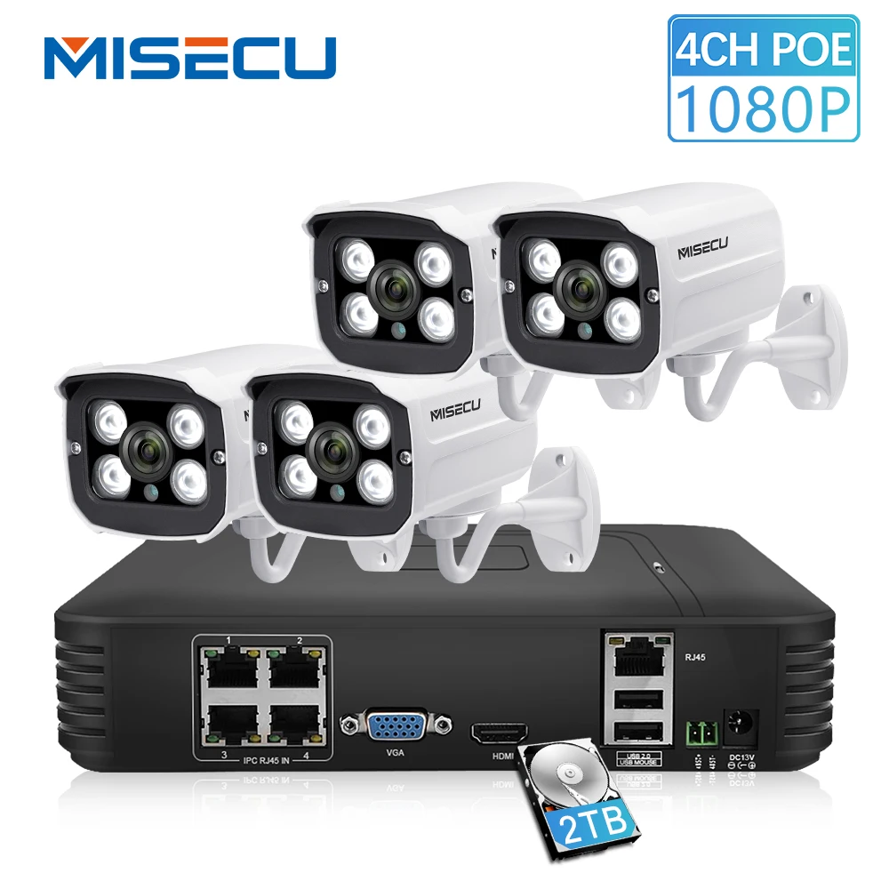 Prix MISECU Full HD 1080P 4 canaux système de vidéosurveillance 4 pièces 2MP métal extérieur caméra IP 4CH 1080P POE NVR CCTV Kit HDMI P2P Email alarme xmeye