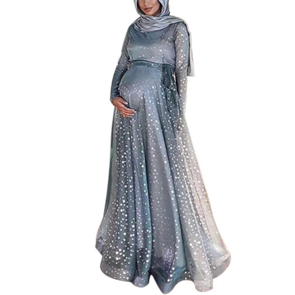 

Women Evening Retro Digital Print Crew Neck Long Maxi Party Fashion Polyester Summer Gown Long Sleeve Maternity Dress Muslim