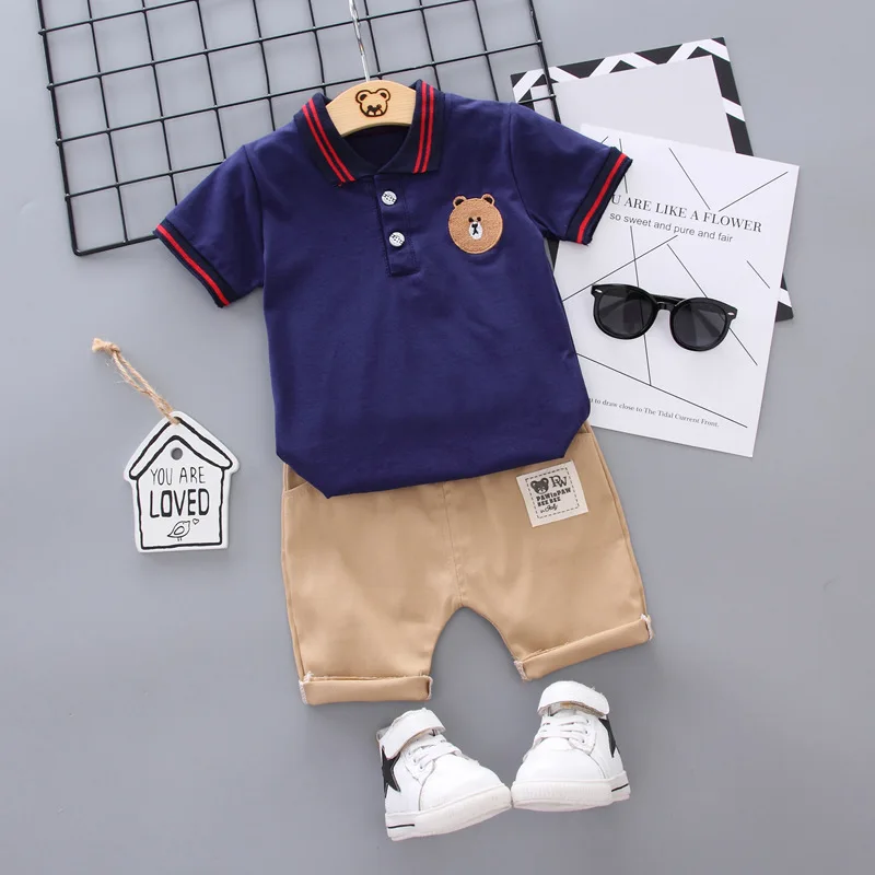 Y428 boy Summer suits baby lapel embroidered bear collar shirt two-piece suit infant child summer short-sleeved clothes