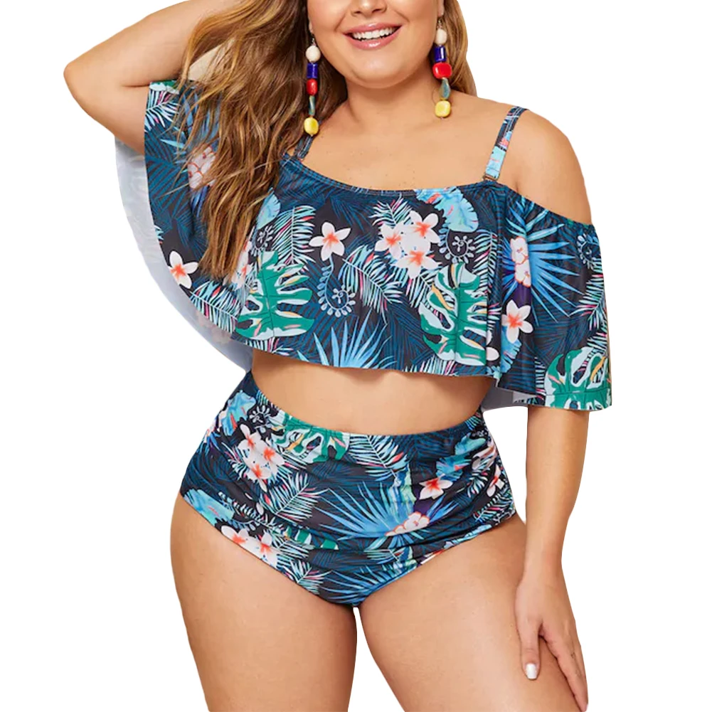 

Ladies Summer Oversized Swimsuit Bikini Adults Off Shoulder Printing Split Bikini Set Sexy Plus Size Women Swimsuits Beachwear