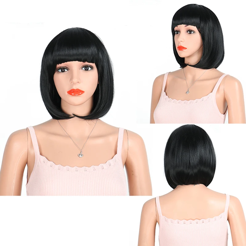 

Short Bob Hair Wigs 12" Straight with Flat Bangs Synthetic Colorful Cosplay Daily Party Wig for Women Natural As Real Hair