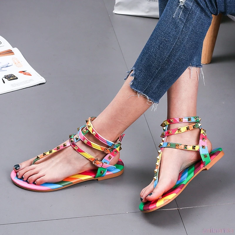 rainbow t strap sandals