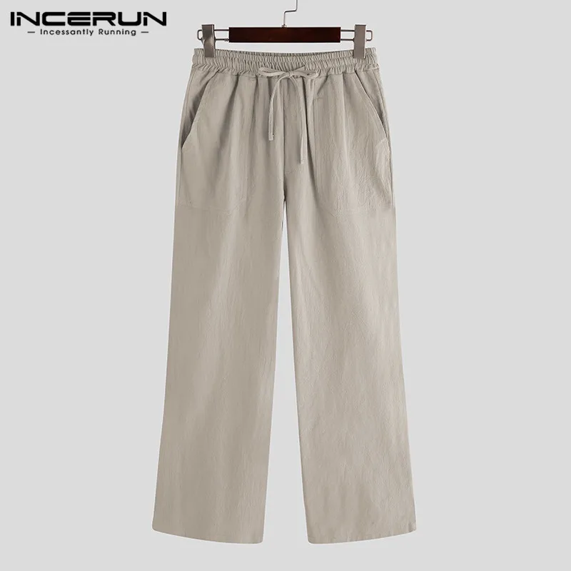 Khaki Pants INCERUN, винтажные мужские повседневные штаны, на шнурке, хлопковые, одноцветные, с карманами, свободные, для бега, для тренировок, брюки для мужчин, уличная одежда, спортивные штаны - Цвет: Khaki Pants