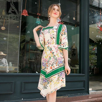 

AELESEEN Runway Fashion Irregular Dress 2020 Spring Summer Half Flare Sleeve Flower Print Holiday Party Midi Dress Vestidos