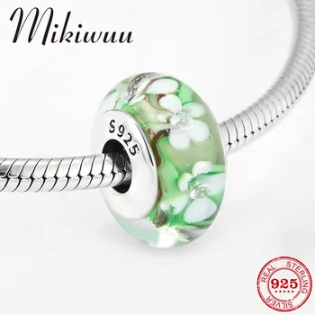 

2019 New 925 Sterling Silver Delicate Green Flowers Murano Glass Beads Fit Original Pandora Bracelet Bead Charm DIY Jewelry
