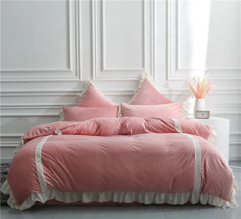 Pink Grey Fleece Winter Duvet Cover Set 4Pieces Luxury Soft Warm Bedding Set with Buttons Closure Flat Bed sheet Pillowcase