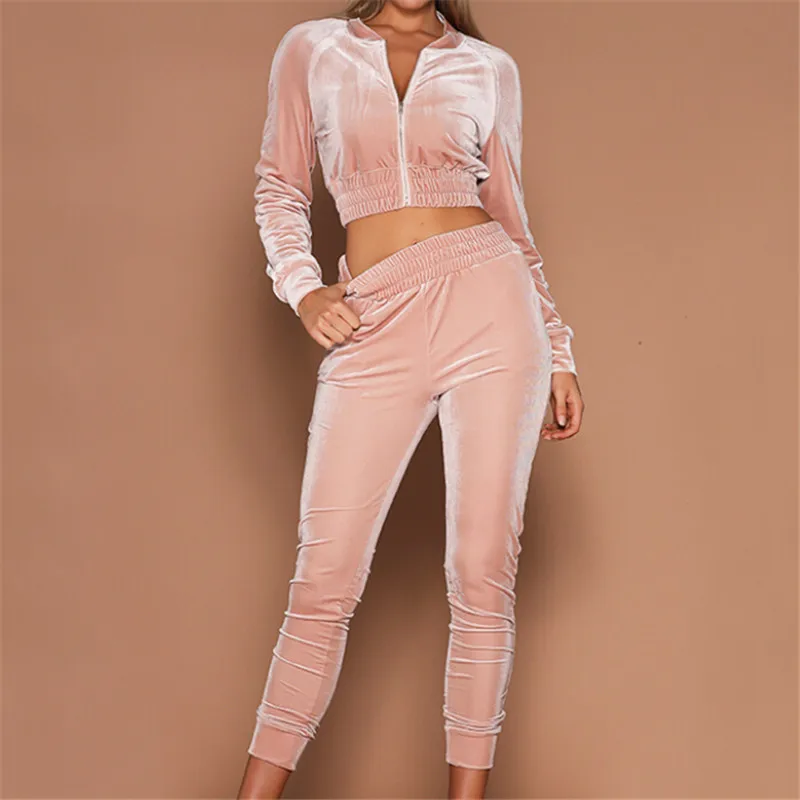 

New Womens Long Sleeve Zipper Elastic High Waist Pants Top Set Tracksuit 2019 Autumn Winter Warm Velvet Solid Color Clothing Set