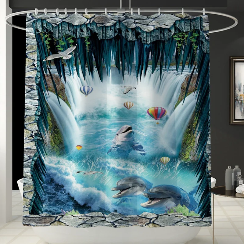 

180X180cm Bathroom Shower Curtain Dolphin Print Durable Waterproof Bath Curtain