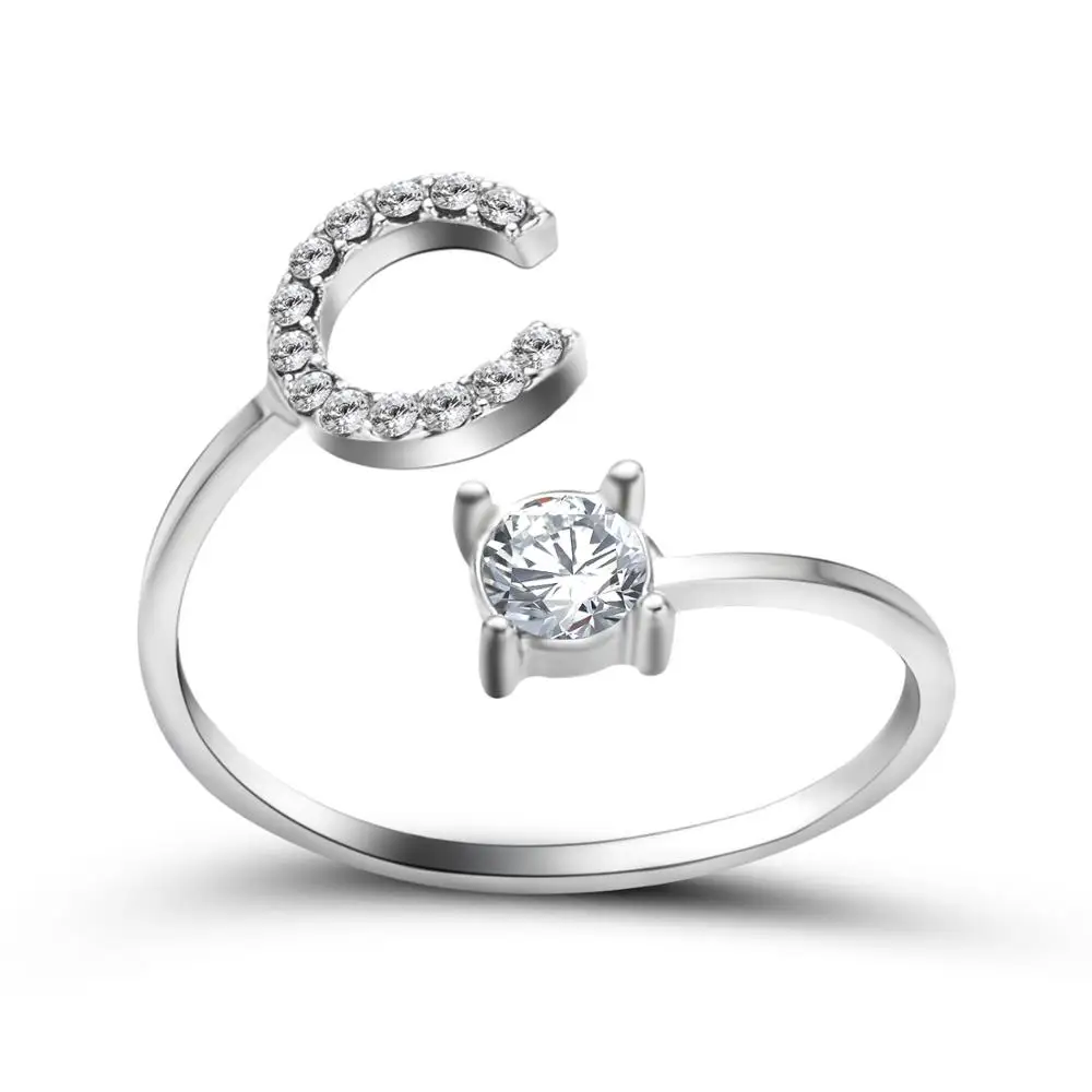 HI MAN Pav&eacute; CZ Adjustable 26 Initial Letter Ring For Women Jewelry Friendship Gift finger ring,adjustable rings