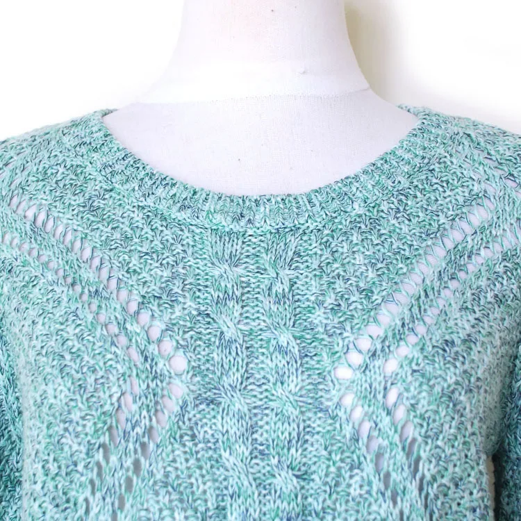 YUNINYOYO Beautiful blue-green gradual change hollow perspective knitting high waist cotton spring autumn Pullover  thin sweater