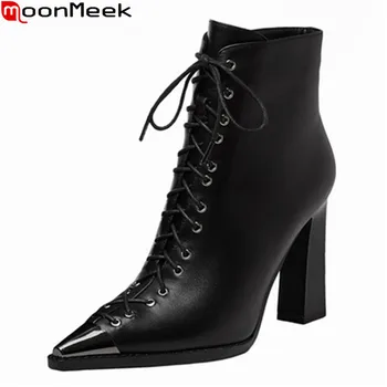 

MoonMeek 2021 Genuine leather boots sexy extreme high heels pointed toe ladies shoes autumn winter ankle boots black