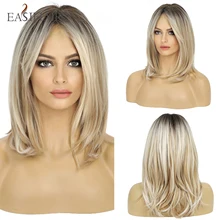 

EASIHAIR Synthetic Wigs for Women Brown Blonde Ombre Wigs with Bangs Layered Cosplay Wigs Heat Resistant Medium Length Bob Wig