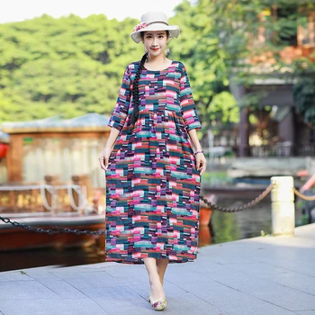 

COIGARSAM National Wind Print Women Long dress New Spring Cotton Linen Loose O-Neck High Waist Dresses Orange Purple 8713