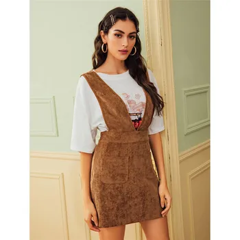 

Women‘s Elegant Autumn Winter Clothes Dames Ladies Streetwear Fashion Women Overalls Dresses High waist V Neck Loose Mini Dress