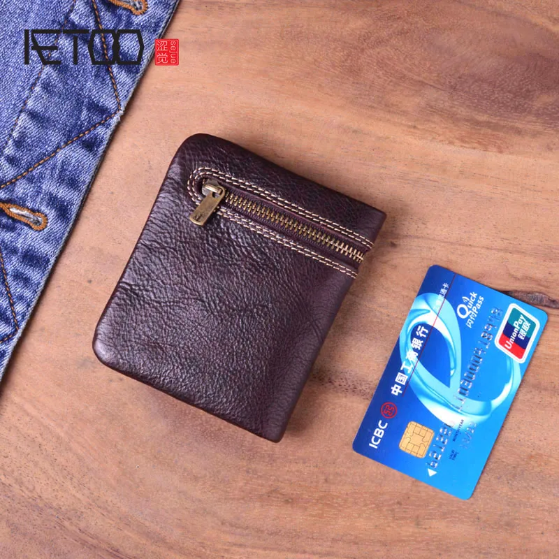 

AETOO Mini purse men's handmade cowhide leather ultra-thin soft wallet first layer leather wallet short zipper buckle