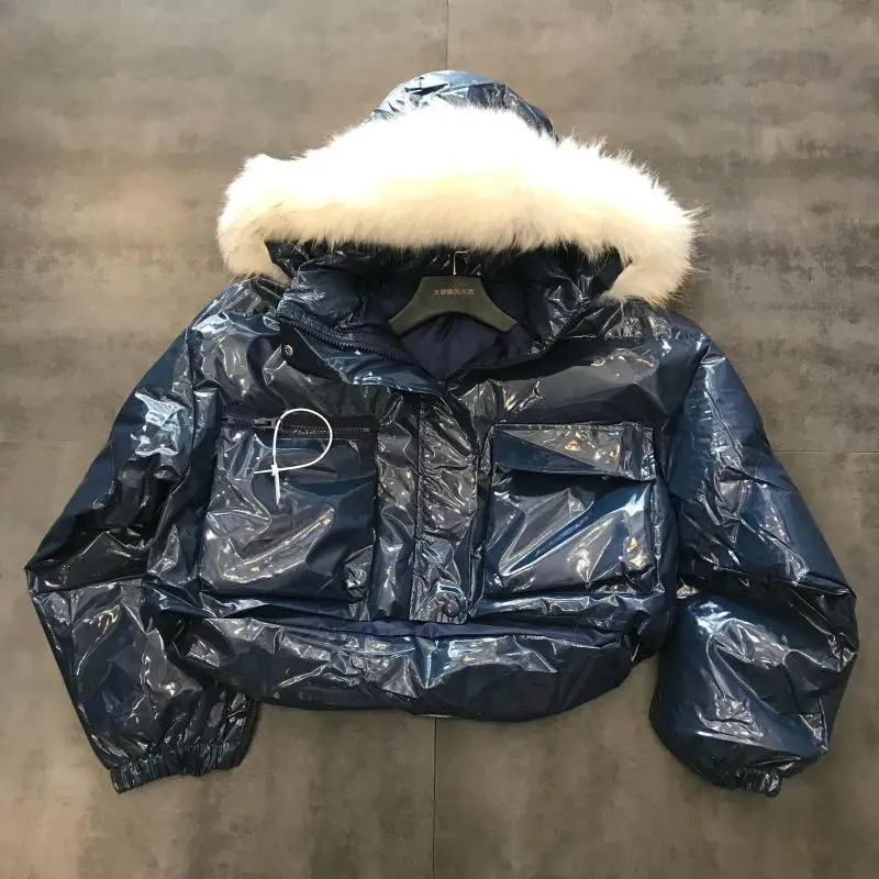 

New Winter Jacket Women Real Natural Fox Fur Collar Glossy Parka Zip Pockets Cotton Padded Cropped Parkas Windproof Rainproof