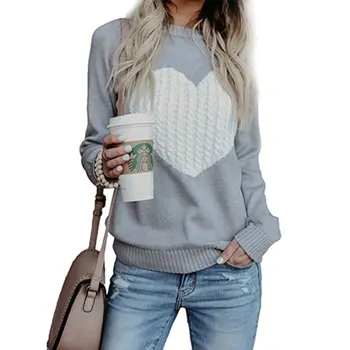 

Women's sweater heart-shaped loose round neck long-sleeved pullover sweater