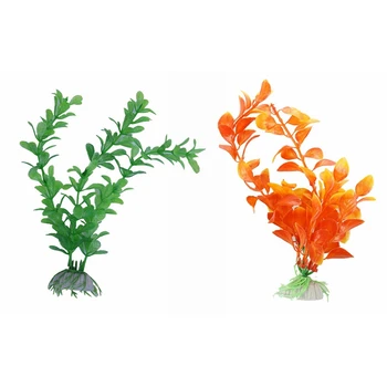

2Pcs Artificial Plant Water Plastic Aquarium Decoration - Green 20Cm & Orange 19Cm