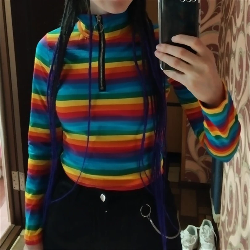 T-shirt Women Fashion Womens Long Sleeves Turtleneck Rainbow Color Zipper Tops T shirt Das Mulheres Dropshipping 40AT1301