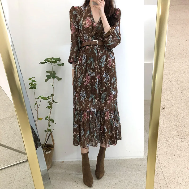 

Women Dress 2020 Spring Summer Korean Fashion Vintage Floral Print Chiffon Midi Dress Ladies Elegant Dresses With Belt Clothes