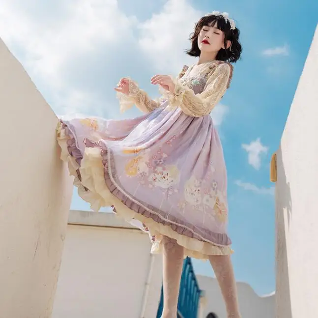 

Sweet princess lolita dress vintage lace bowknot high waist cute printing victorian dress kawaii girl gothic lolita jsk loli cos