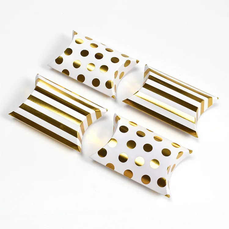 

50pcs Gold Dot Stripe Pattern Pillow Box Mini Candy Box Wedding Pillow Box Packaging For Guest Event & Party