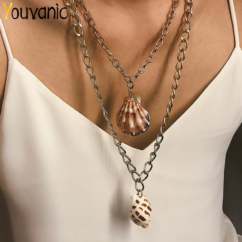 

Youvanic Bohemia Natural Shell Conch Pendant Choker Necklace For Women Multilayer Seashell Thick Long Chain Necklace Collar 2388
