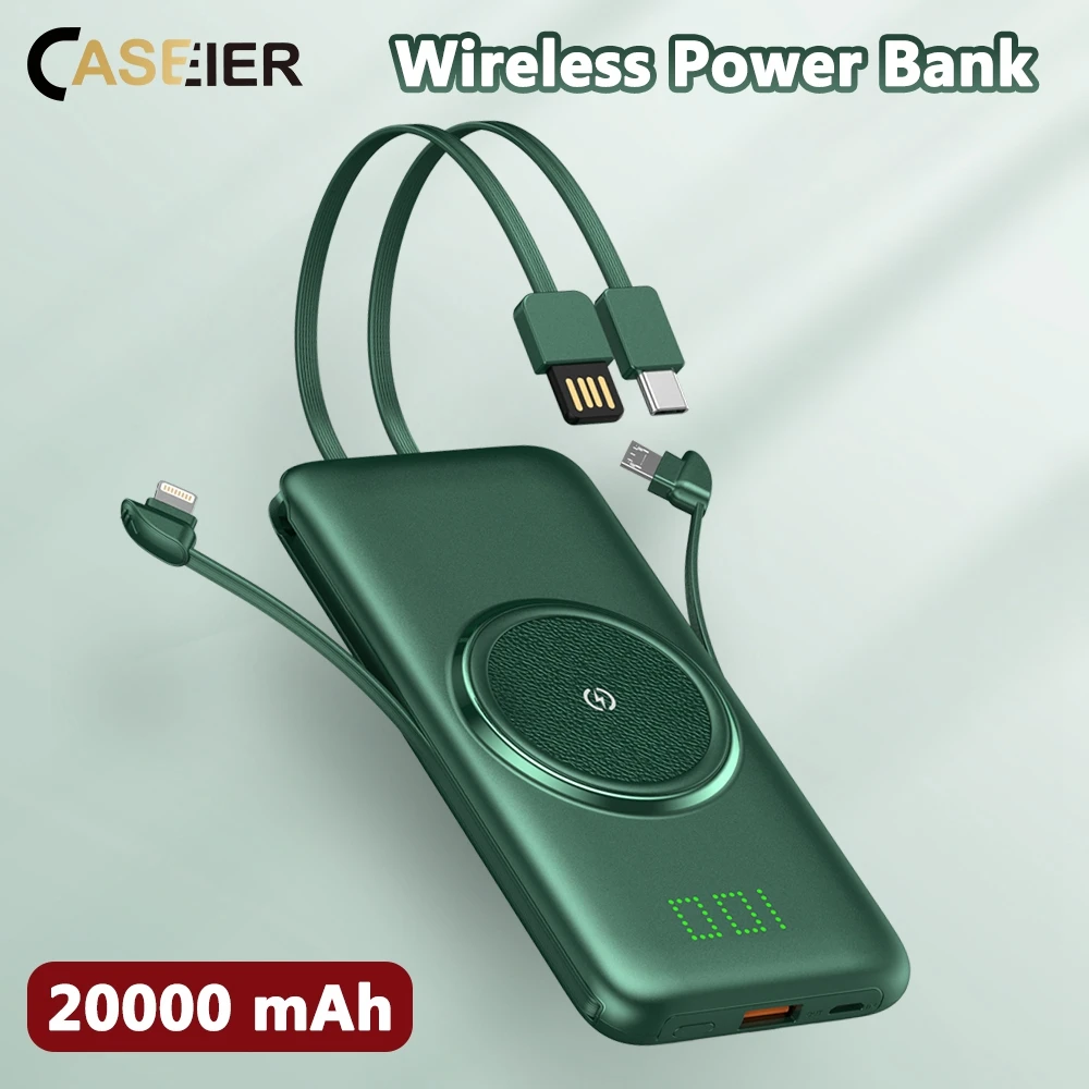 CASEIER 20000 мАч беспроводной внешний аккумулятор с кабелем для телефона невидимый