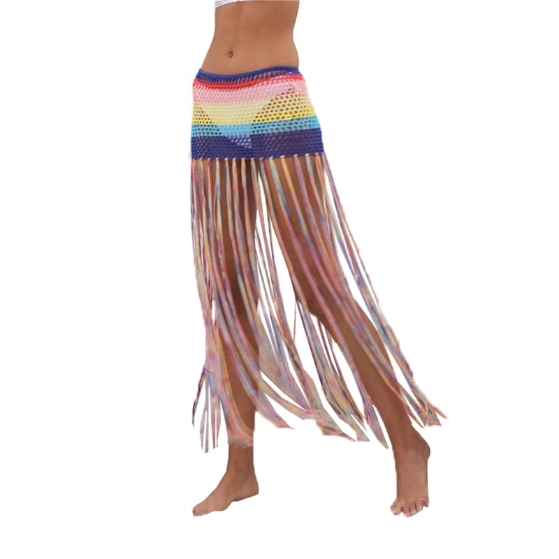 Xingqing Women Hollowout Bikini Cover Ups Fringed Skirt High Waist