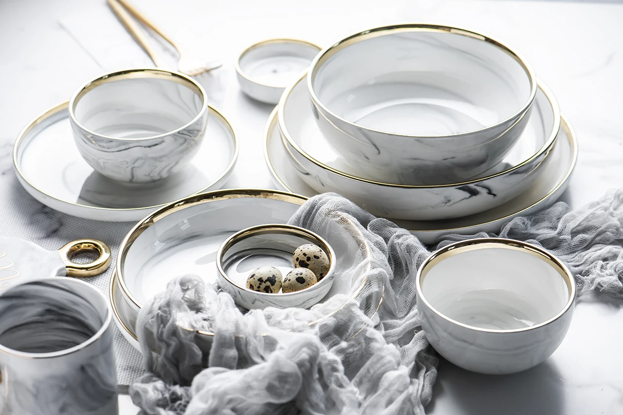 European Glod Marble Ceramic Dinner Dish Plate Rice Salad Noodles Bowl Soup Plates Dinnerware Sets Tableware Kitchen Cook Tool