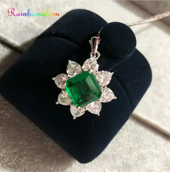 

Rainbamabom 925 Solid Sterling Silver Emerald Moissanite Gemstone Wedding Engagement Pendent Necklace Fine Jewelry Wholesale