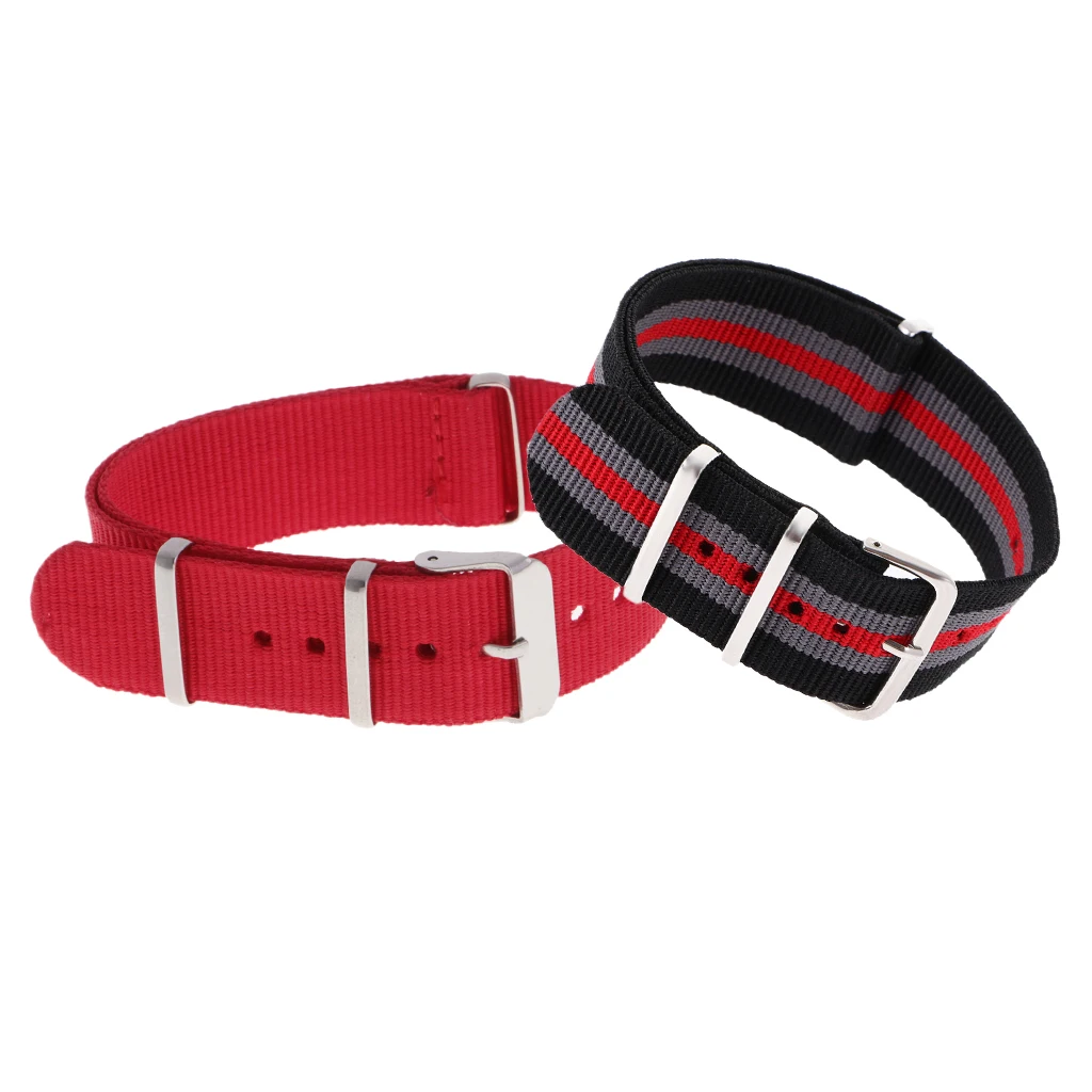 Prettyia 2pcs Mens Red Stripe Woven Nylon Watchband Watch Strap Replacement