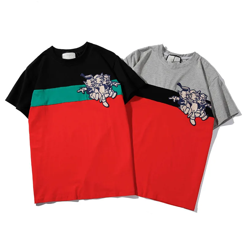 

19 Spring New oversize Loose Contrast Stripes Embroidered Three Piglets Short-sleeved T-shirt Highest quality G's Works