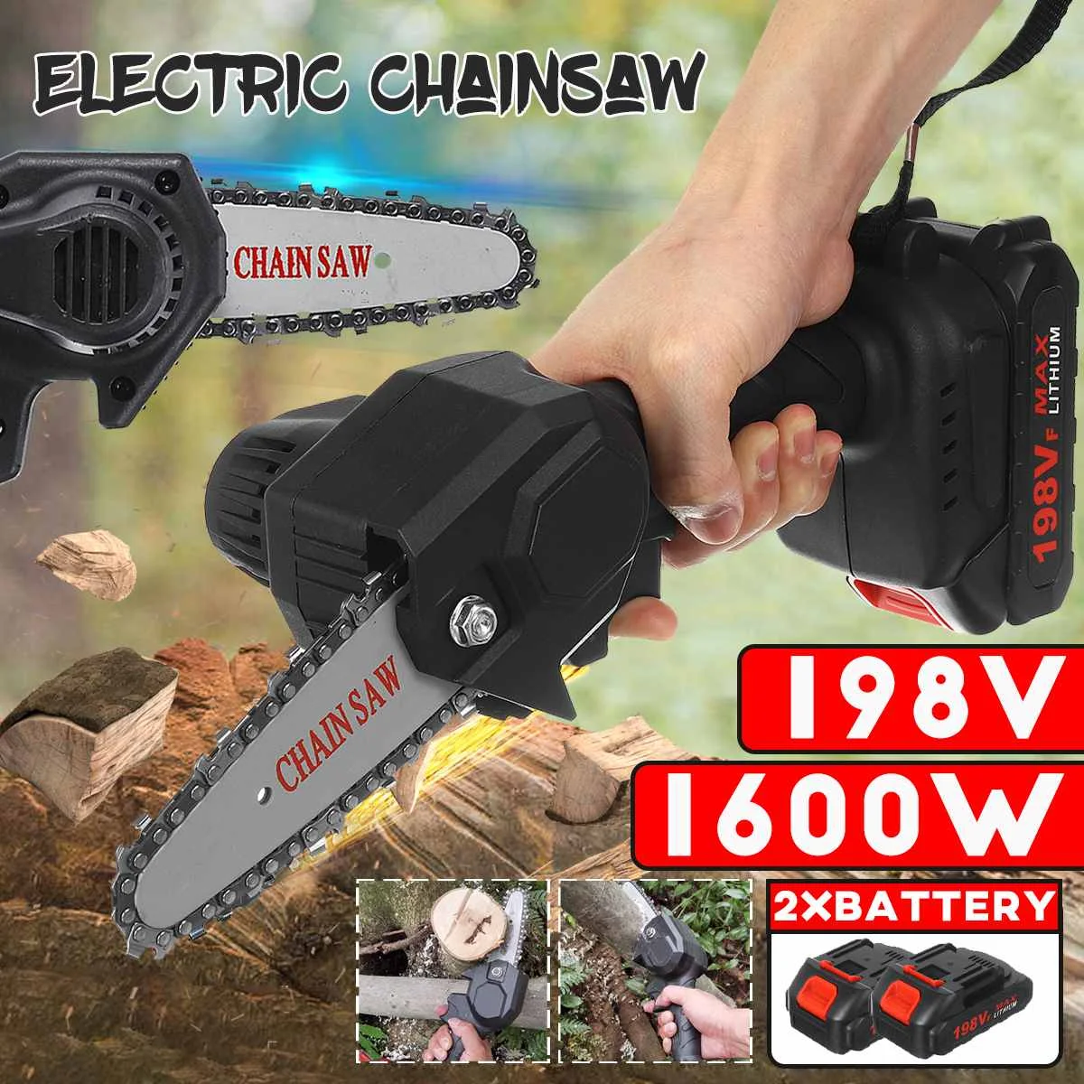 Minisierra de cadena eléctrica para carpintería, 1600W, 198VF, inalámbrica, batería extraíble, para jardín, rompecabezas
