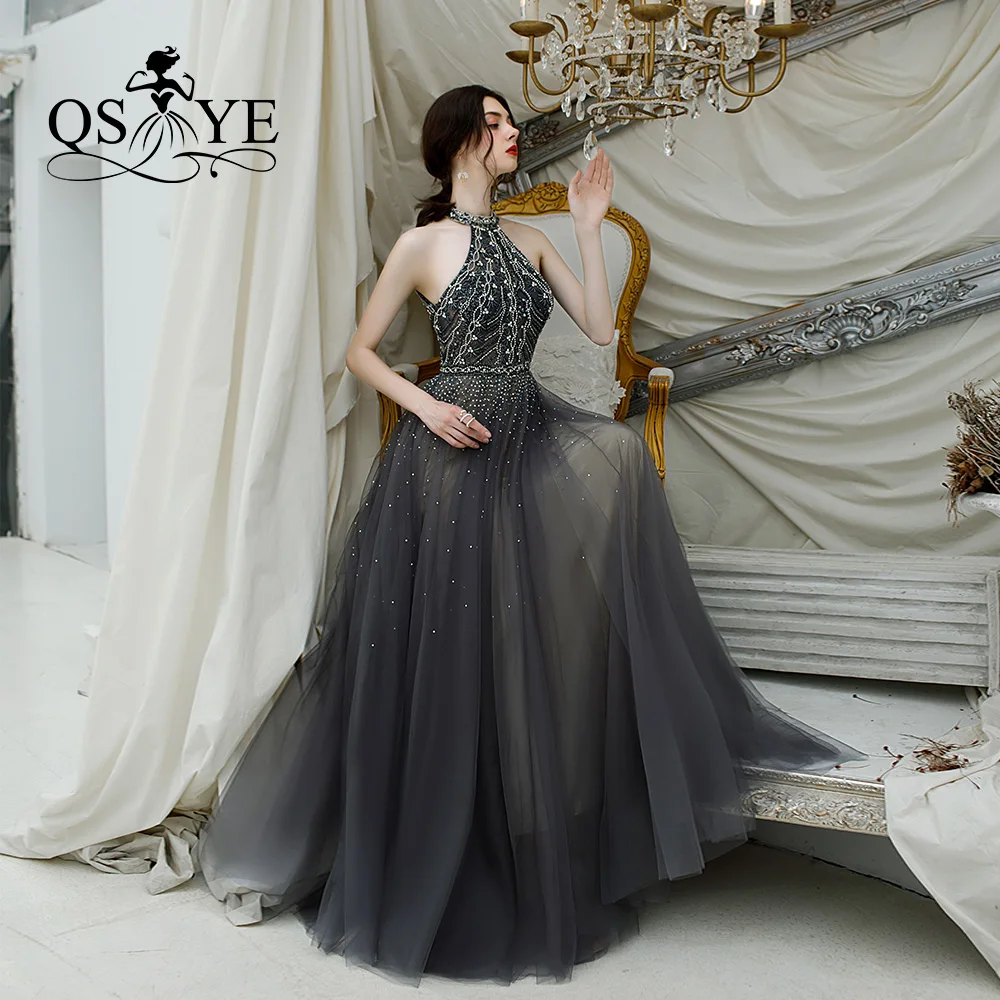 

QSYYE 2019 Long Prom Dresses Tulle halter backless vestidos largos Beading Floor Length Formal Evening Dress Party Gown