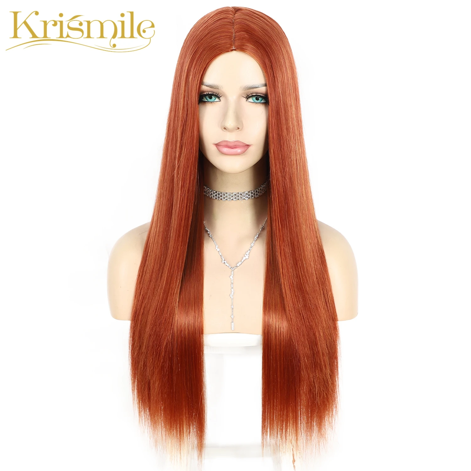 Long Straight Copper Red Machine Made Synthetic Wig Simulated Scalp