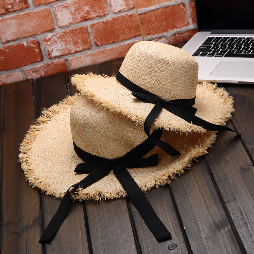 

Wide Brim 9-11CM Summer Hat for Women With Bow Ribbon Raffia Straw Hat Sun Protection Hats Gilrs Panama Round Top Beach Hat