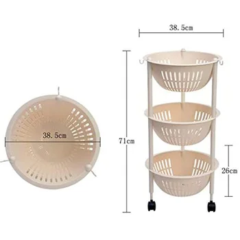 

Kitchen Storage Trolley 3-Tier Plastic Fruit Vegetable Racks Multi-Purpose Rolling Cart,with Hooks Baskets Wheels Rack Holders