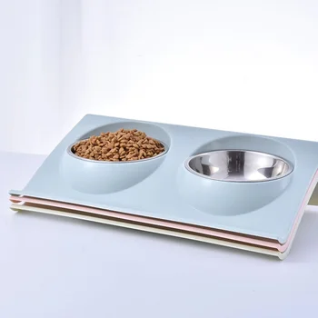 

New Tilted Stainless Steel Plastic Pet Double Bowls Durable Dog Cat Bowl Safe Water Food Feeder Bowls Pet Supplier