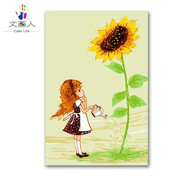 

cartoon girl watering sunflower paint painting by numbers diy picture coloring drawing canvas painting living room hoom decor