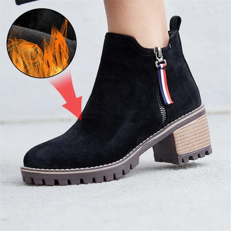

Plus Size 34-43 Classic Women Ankle Boots Winter Female Snow Women Casual Shoes Thick Heel Suede Warm Fur Plush Women Booties