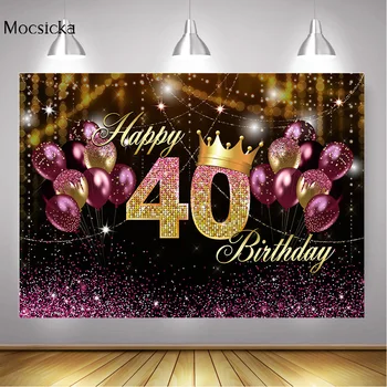 

Happy 40th Birthday Backdrop Bokeh Glitter Splash Balloon Woman Birthday Cake Table Photo Background Crown Pink Dots Photography