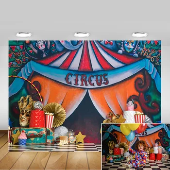 

Circus Carnival Photography Background Tent Clown Newborn Children Birthday Art Backdrop Popcorn Ice Cream Photocall Props
