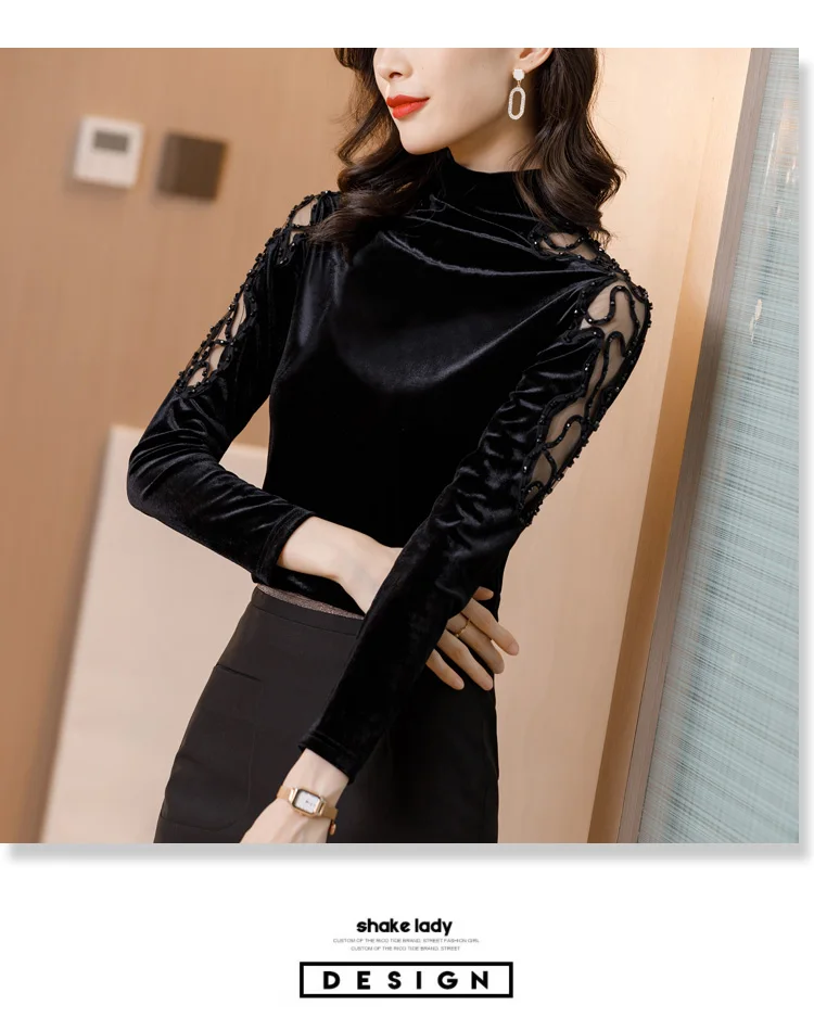 New 2020 Autumn winter woman tshirts Korean fashion slim high neck velvet t-shirt embroidered long sleeve bottoming shirt