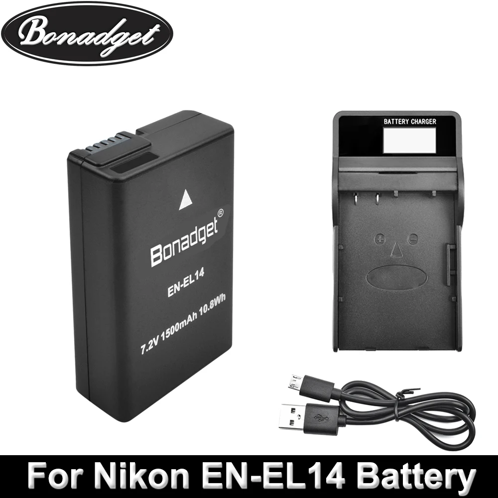 Батарейный блок Bonadget для фотоаппарата Nikon с двойным зарядным устройством USB + ЖК