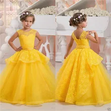Vestido de flores amarillas para niña, apliques de encaje para desfile, vestido de bola de tul esponjoso para niña, vestidos de fiesta de primera comunión y boda